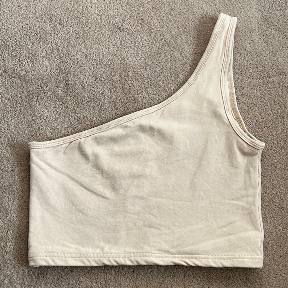 Cream Colored One Shoulder Klassy Network Crop Top